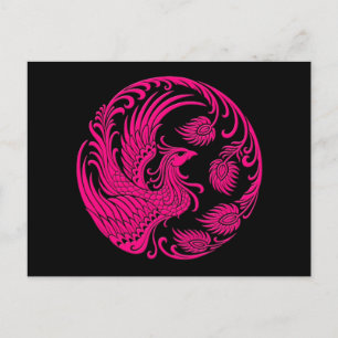 Traditional Pink Phoenix Circle on Black Postcard