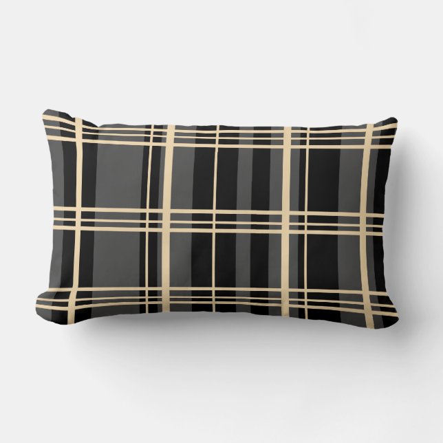 Traditional Plaid Black, Butter Cream, Dark Grey . Lumbar Cushion (Front)