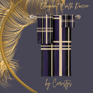 Traditional Plaid Black, Butter Cream, Dark Plum Bath Towel Set