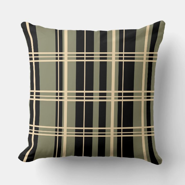 Traditional Plaid Black, Butter Cream, Sage Green Cushion (Front)
