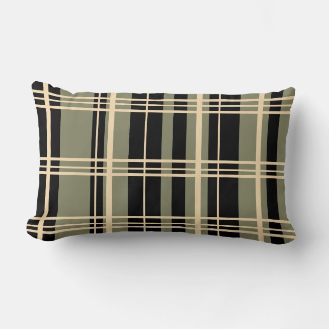 Traditional Plaid Black, Butter Cream, Sage Green  Lumbar Cushion (Front)