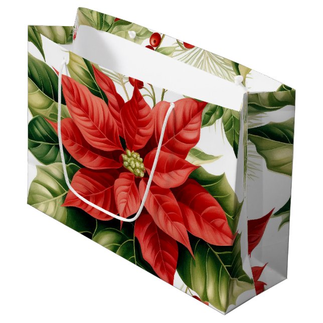 Traditional Poinsettia Christmas Holiday Large Gift Bag (Front Angled)