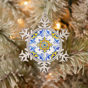Traditional Portuguese Azulejo tile Snowflake Pewter Christmas Ornament