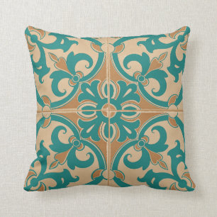 Traditional Portuguese Azulejo Tile taupe teal Cushion