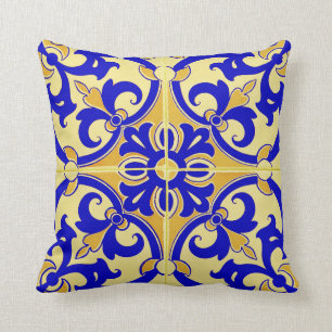 Traditional Portuguese Azulejo Tile   yellow blue Cushion