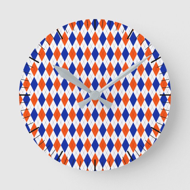 Traditional Preppy Argyle in Orange and Blue Round Clock (Front)