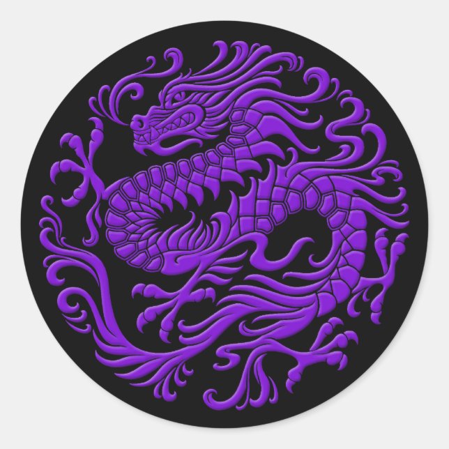 Traditional Purple and Black Chinese Dragon Circle Classic Round Sticker (Front)