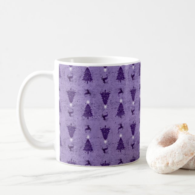 Traditional Purple Christmas Trees & Reindeer Coffee Mug (With Donut)