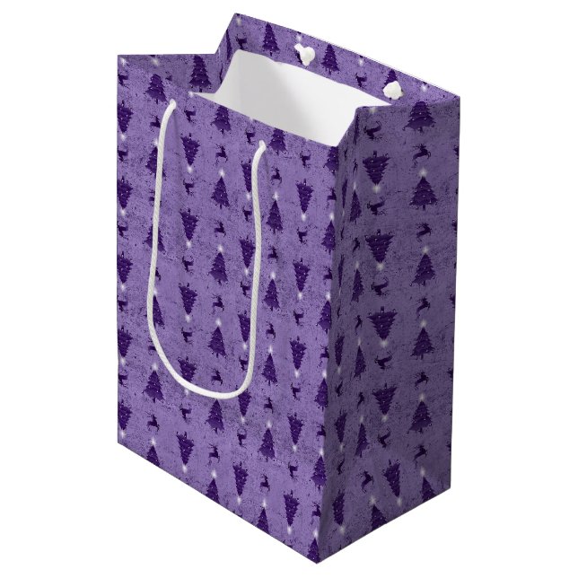 Traditional Purple Christmas Trees & Reindeer Medium Gift Bag (Front Angled)