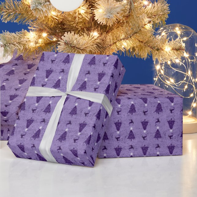 Traditional Purple Christmas Trees & Reindeer Wrapping Paper (Holidays)
