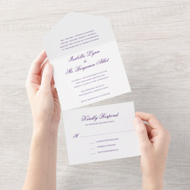 Traditional Purple Formal Elegant Wedding All In One Invitation (Tearaway)