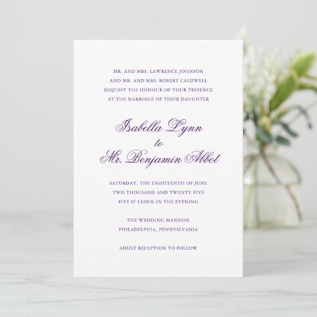 Traditional Purple Formal Elegant Wedding Invitation (Standing Front)