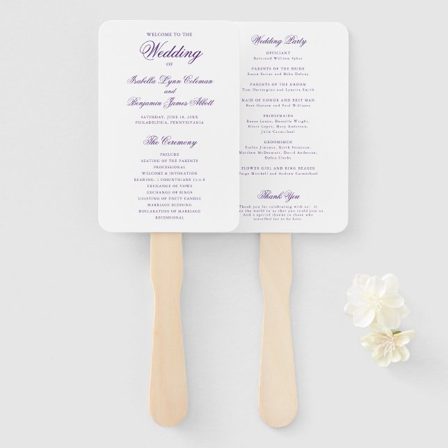 Traditional Purple Formal Elegant Wedding Program Hand Fan (Front and Back)