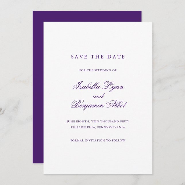 Traditional Purple Formal Elegant Wedding Save The Date (Front/Back)