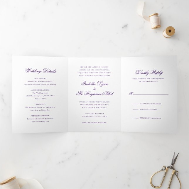 Traditional Purple Formal Elegant Wedding Tri-Fold Invitation (Inside)