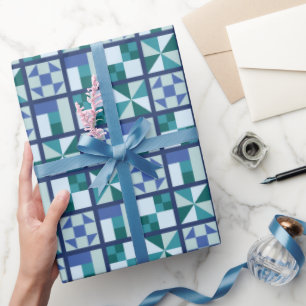 Traditional Quilt Block Tiles in Blues & Greens Wrapping Paper
