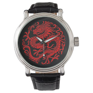 Traditional Red and Black Chinese Dragon Circle Watch