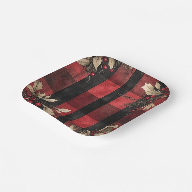 Traditional Red and Black Plaid Christmas Holiday Paper Plate (Angled)