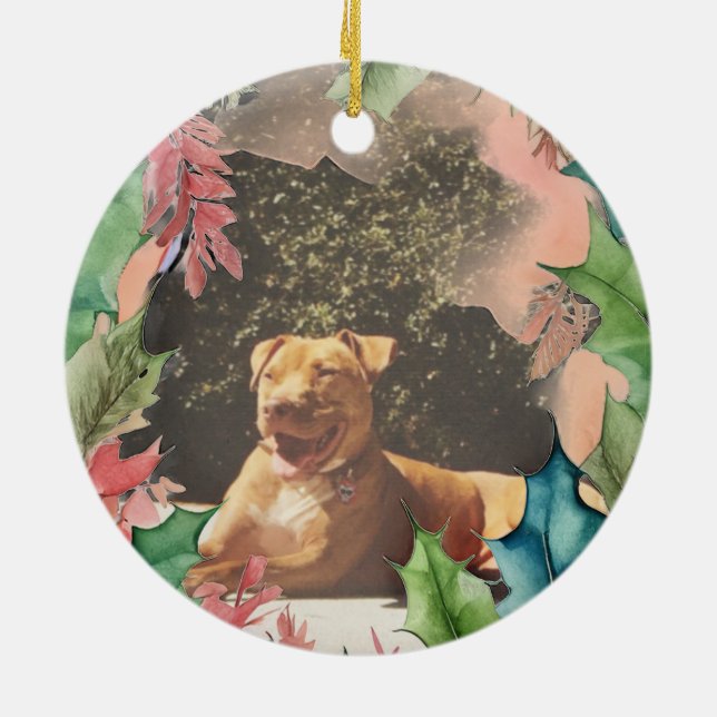 Traditional Red and Green Christmas Holiday Photo Ceramic Ornament (Back)