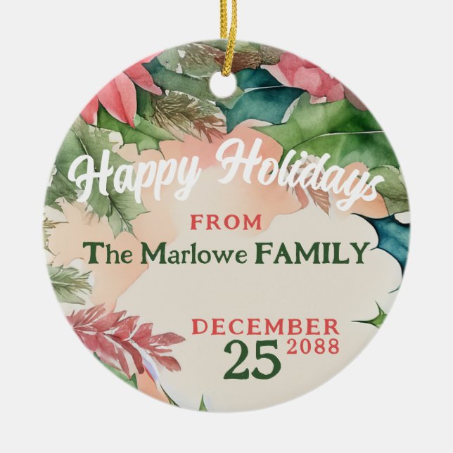 Traditional Red and Green Christmas Holiday Photo Ceramic Ornament (Front)
