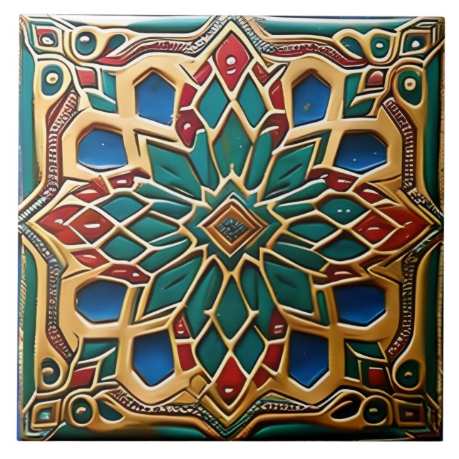 Traditional Red and green flower ceramic art  Ceramic Tile (Front)