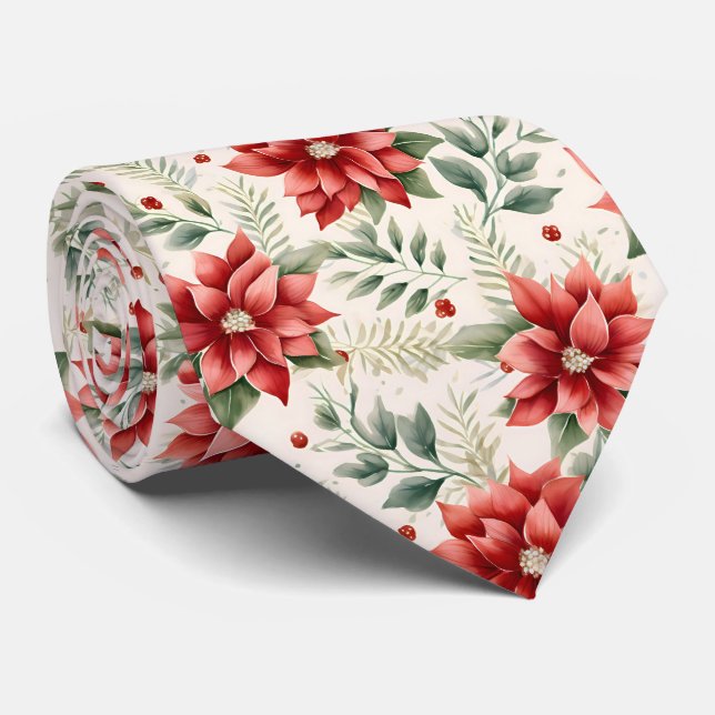 Traditional Red and Green Watercolor Poinsettia Tie (Rolled)