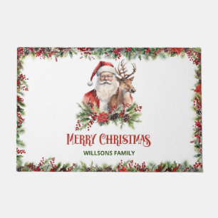 Traditional red and white festive flowers Santa Doormat