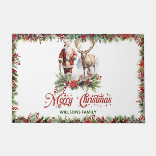 Traditional red and white wreath Santa reindeer Doormat