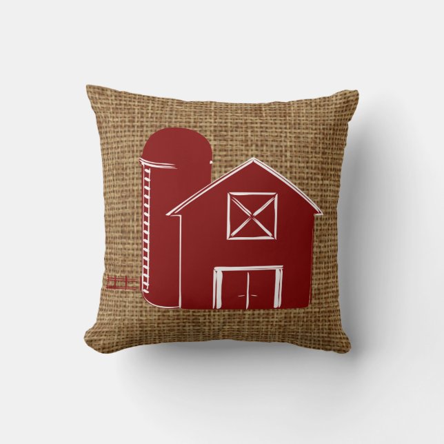 Traditional red barn with silo on faux burlap cushion (Front)