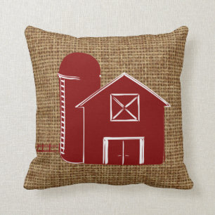 Traditional red barn with silo on faux burlap cushion