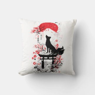 Traditional Red Black Japanese Kitsune Fox with Mo Cushion