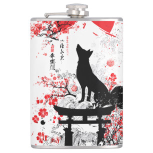 Traditional Red Black Japanese Kitsune Fox with Mo Hip Flask