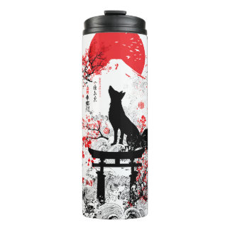 Traditional Red Black Japanese Kitsune Fox with Mo Thermal Tumbler