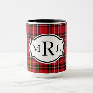 Traditional Red Black Plaid 3-Letter Monogram Mug