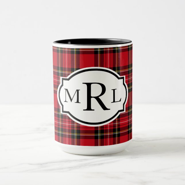 Traditional Red Black Plaid 3-Letter Monogram Mug (Center)