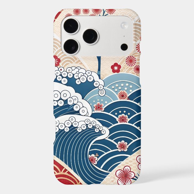 Traditional Red Blue Japanese Wave Sakura Pattern (Back)