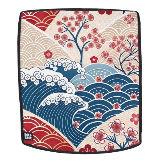 Traditional Red Blue Japanese Wave Sakura Pattern Backpack (Removable Face)