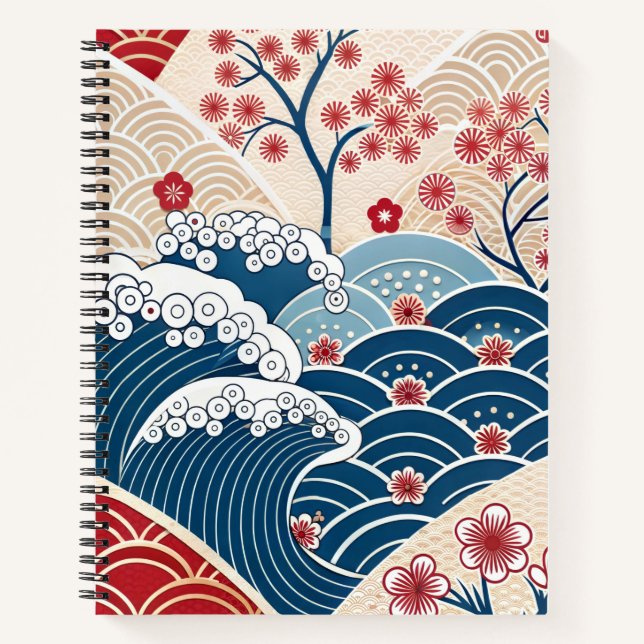 Traditional Red Blue Japanese Wave Sakura Pattern Notebook (Front)