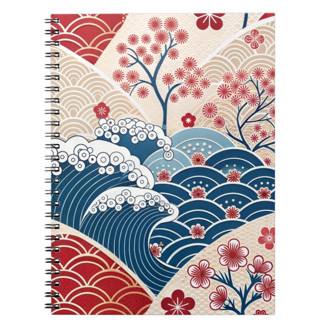 Traditional Red Blue Japanese Wave Sakura Pattern Notebook (Front)