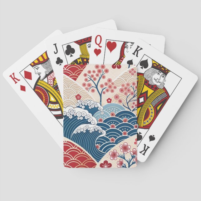 Traditional Red Blue Japanese Wave Sakura Pattern Playing Cards (Back)