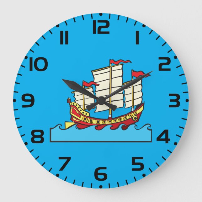 Traditional Red Chinese Junk Ship on Blue Waves Large Clock (Front)