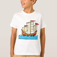 Traditional Red Chinese Junk Ship on Blue Waves