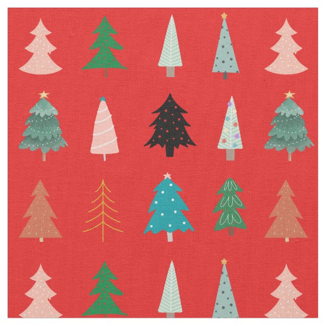 Traditional red Christmas pattern green trees pink Fabric (Close Up)