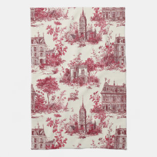 Traditional Red Countryside Toile Pattern Tea Towel