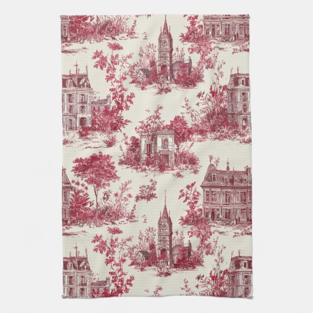 Traditional Red Countryside Toile Pattern Tea Towel (Vertical)