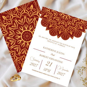 Traditional RED GOLD Bronze Mandala Indian Wedding Invitation