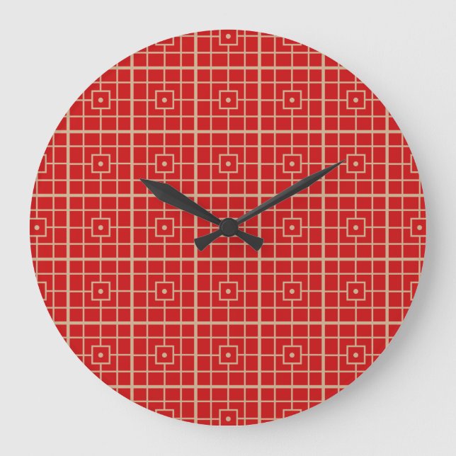 Traditional Red & Gold Chinese Geometric Pattern Large Clock (Front)