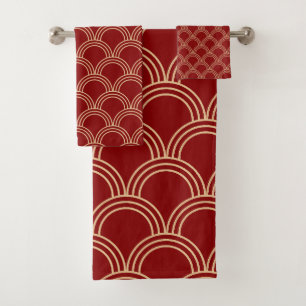 Traditional Red & Gold Chinese Pattern Bath Towel Set
