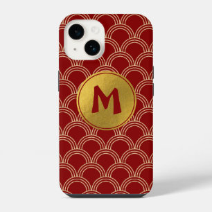 Traditional Red & Gold Chinese Pattern Monogram iPhone 14 Case