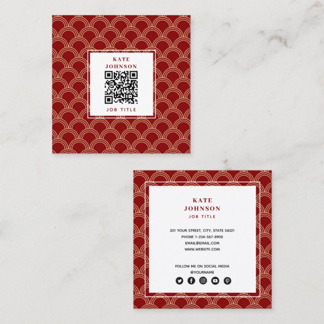 Traditional Red & Gold Chinese Pattern QR Code Square Business Card (Front/Back)